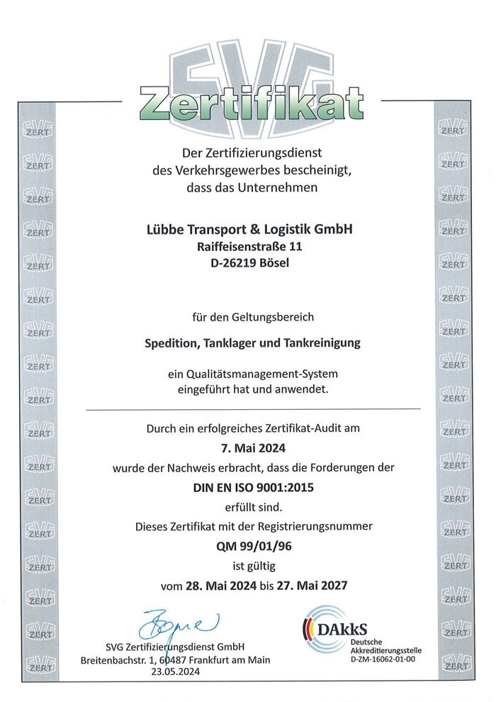 Zertifikat Spedition, Tanklager und Tankreinigung