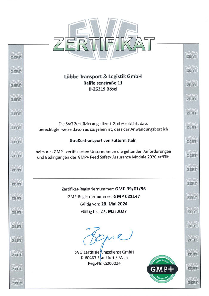 Zertifikat Straßentransport von Futtermitteln
