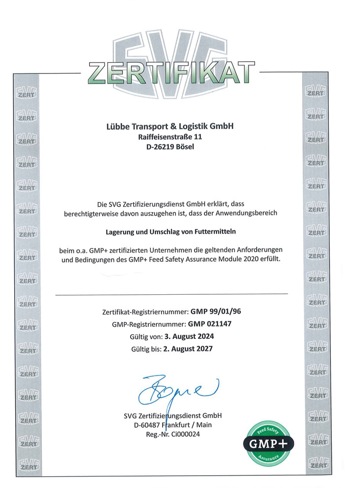 Zertifikat Lagerung und Umschlag von Futtermitteln