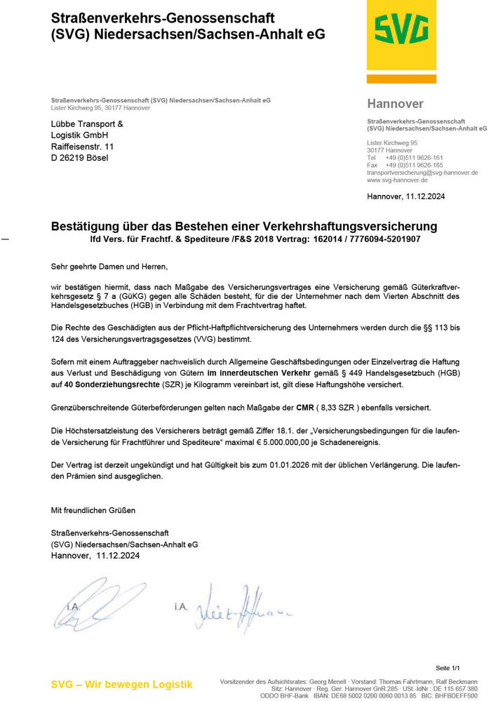 Zertifikat Verkehrshaftungsversicherung