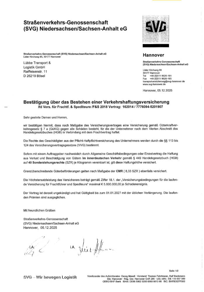 Zertifikat Verkehrshaftungsversicherung