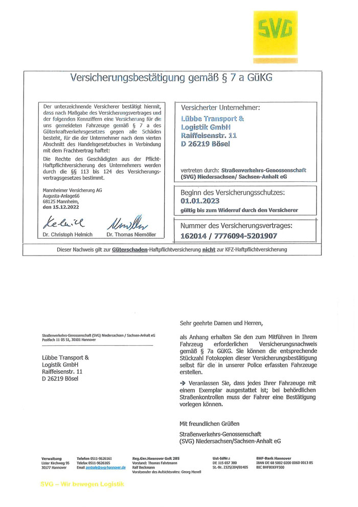 Zertifikat Versicherungsbestätigung